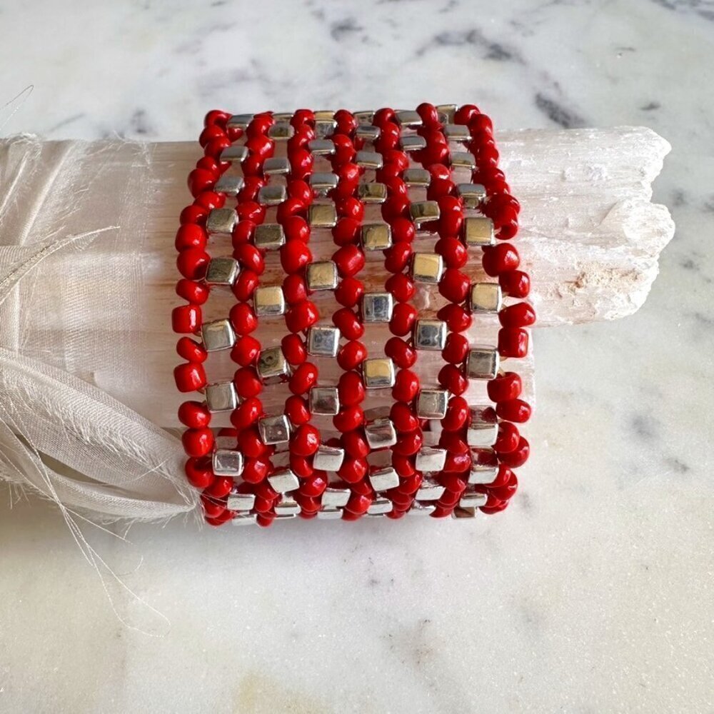 Coral Colored Beads and Silver Beaded Stretch Bracelet